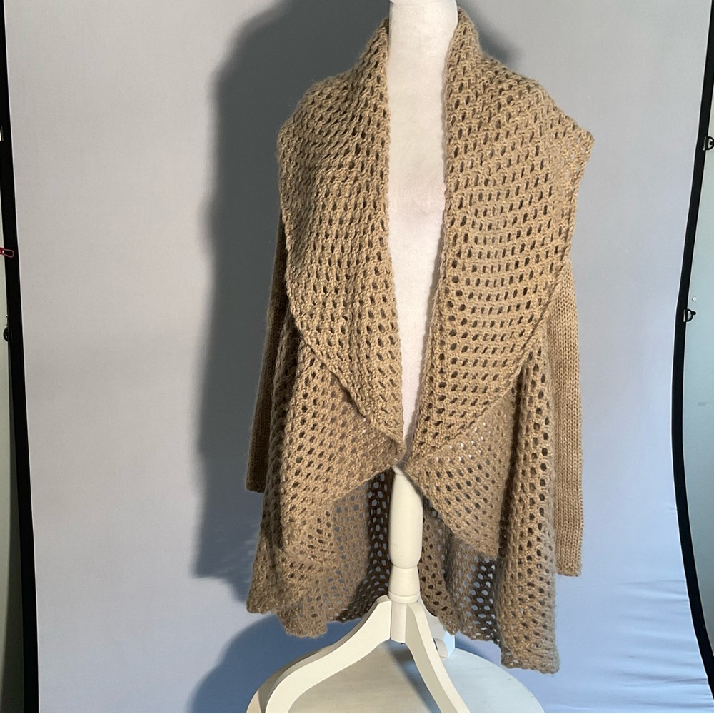 Anthropologie Elsamanda 2X Open Knit Hi/Lo Taupe Cardigan with Shawl Collar - Picture 12 of 16